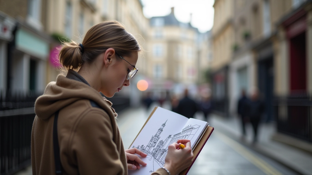 Urban sketcher drawing street scene of London buildings and architecture on location