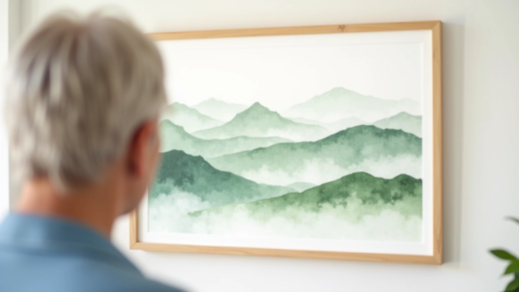 Completed watercolor landscape painting of rolling hills and valley, soft greens and grays with subtle atmospheric perspective and mist effects