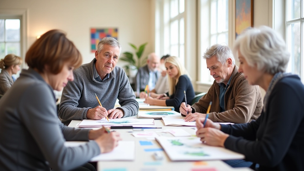 Group of adult artists painting together in bright studio during community art class