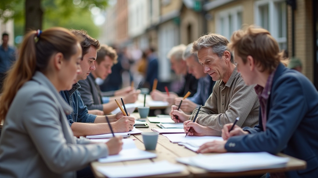 Group of adult sketchers sitting together outdoors drawing and sharing their work at a public location