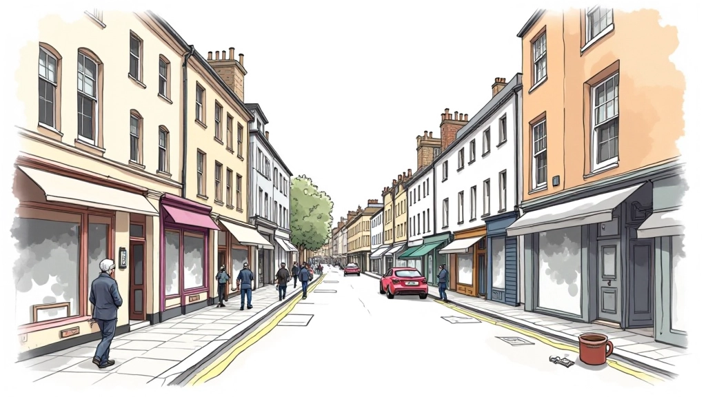 Urban sketching scene of London street architecture