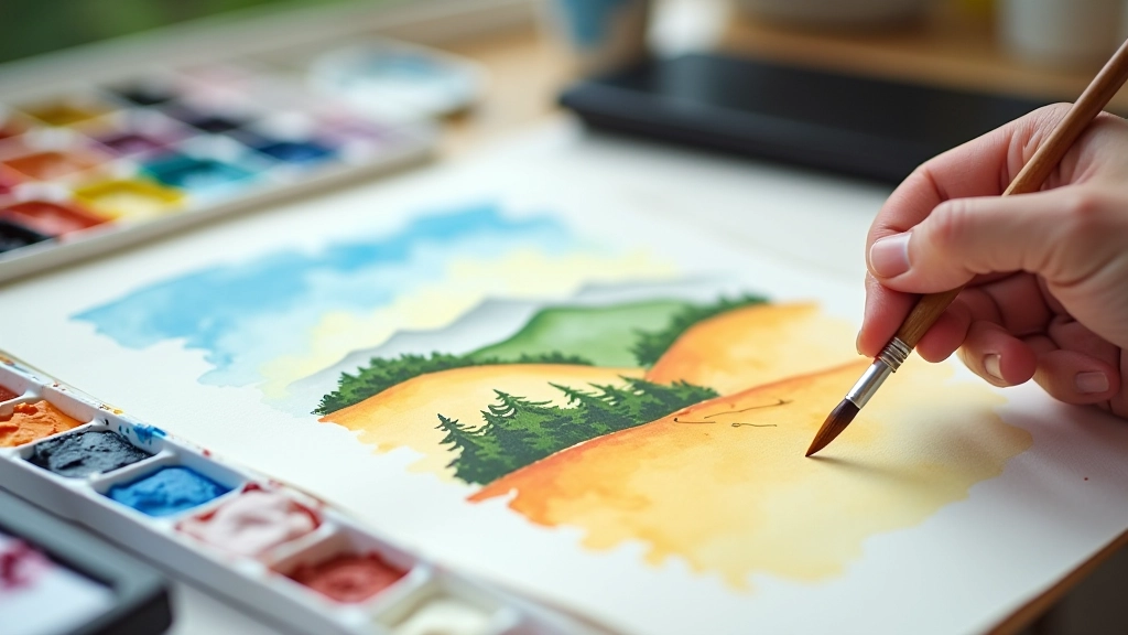 Watercolor palette with brush and painted British landscape in progress on paper