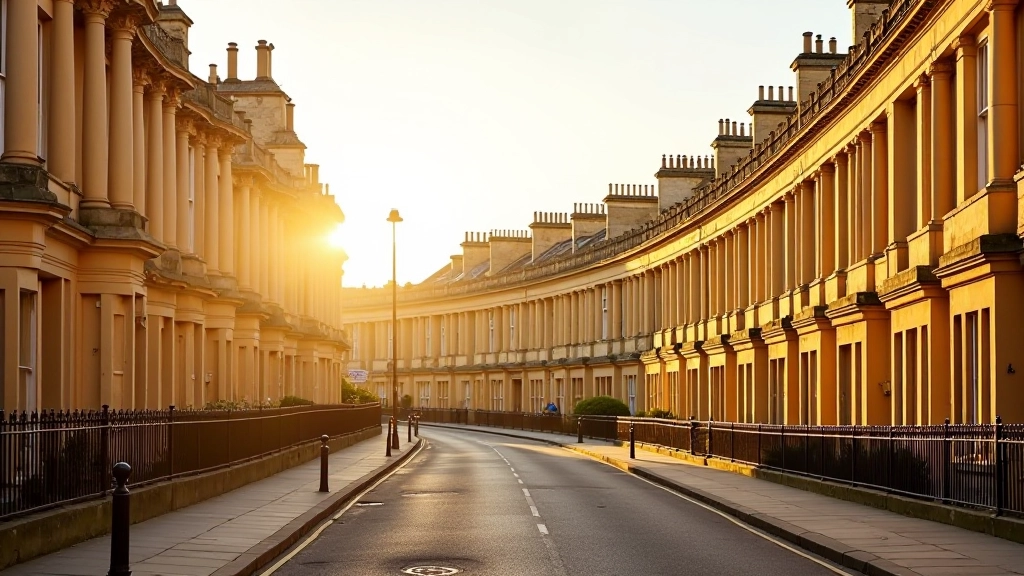 Bath Royal Crescent with golden stone Georgian architecture and curved rows of historic buildings