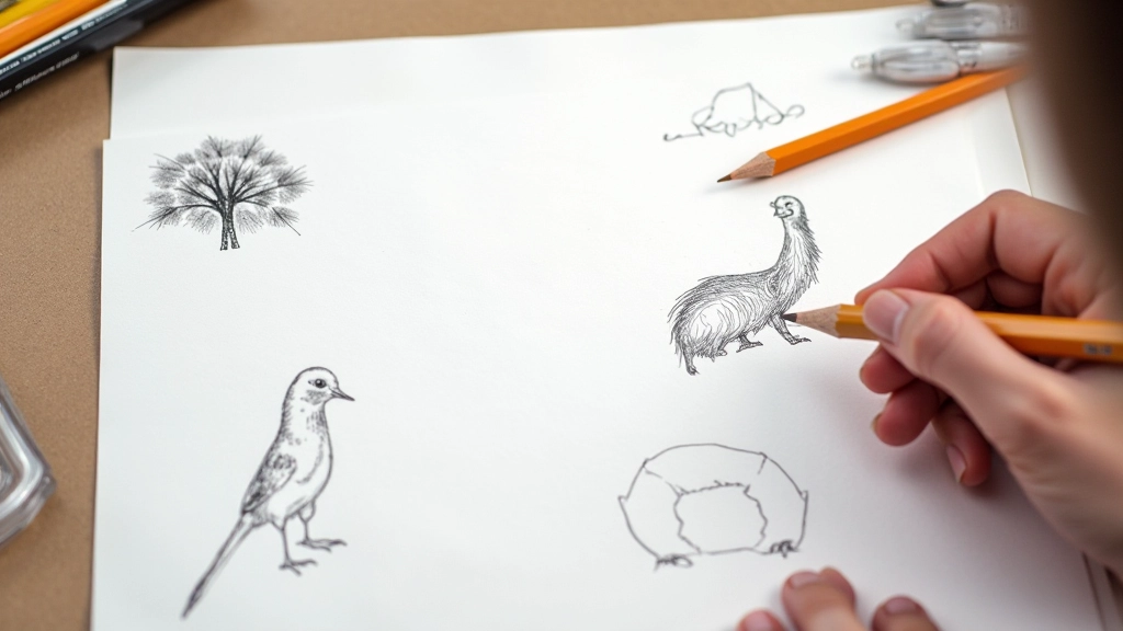 Close-up of pencil sketching basic lines and circles on white paper with detailed shading examples