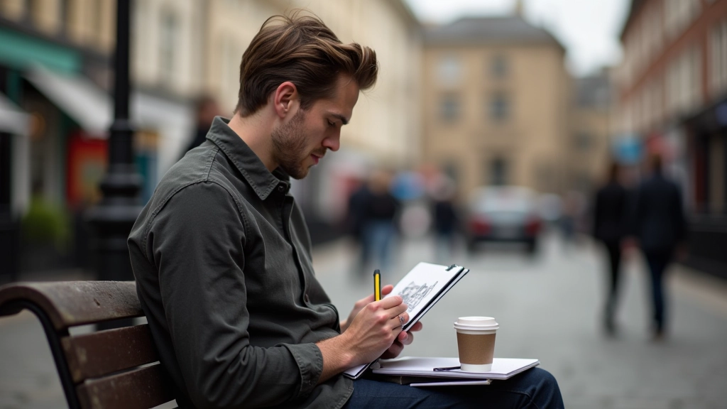 Urban sketcher capturing London architecture with pencil and sketchbook on street