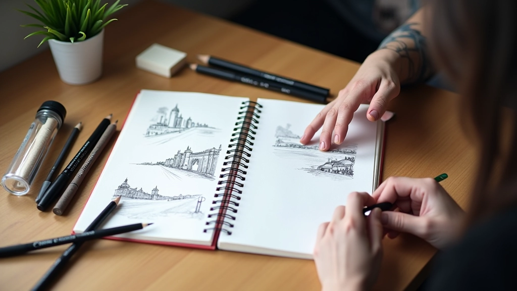 Urban sketcher's portable kit with sketchbook, pens, and pencils arranged on wooden table