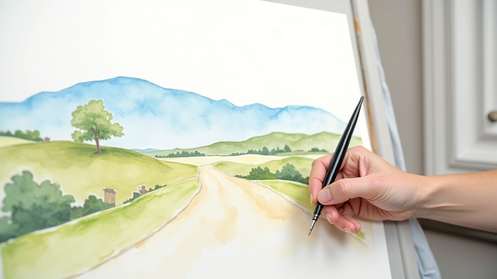 Landscape painting detail showing layered depth with detailed foreground, middle ground, and hazy distant hills fading into mist
