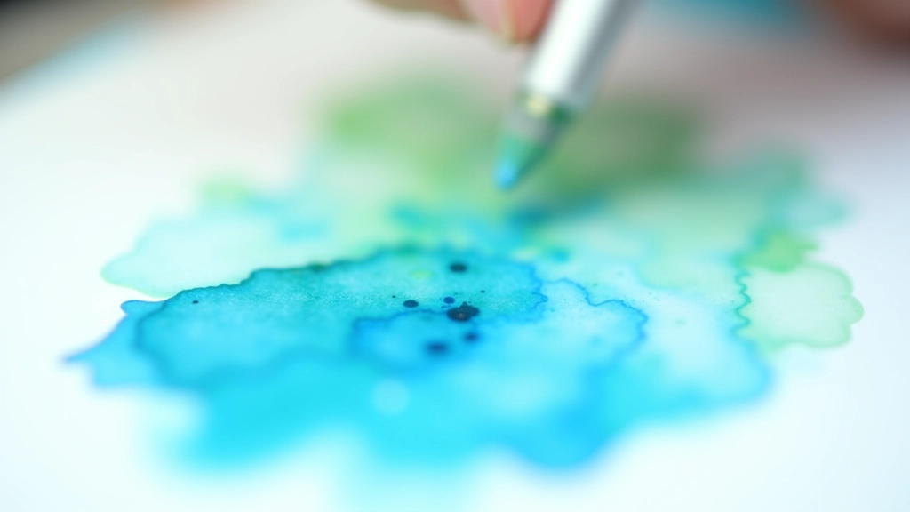 Close-up of watercolor paint mixing on wet paper, soft blues and greens blending naturally together