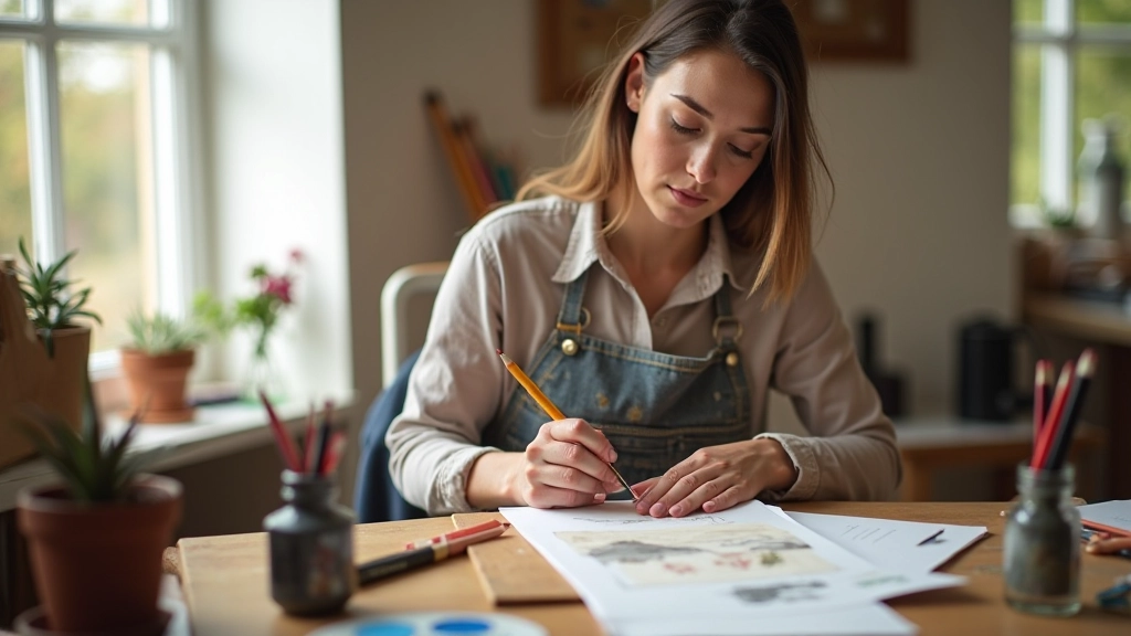 Artist working with sketching materials and watercolor palette at studio desk