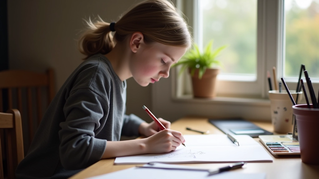Beginner artist sketching with pencil at wooden table with sketchbook open